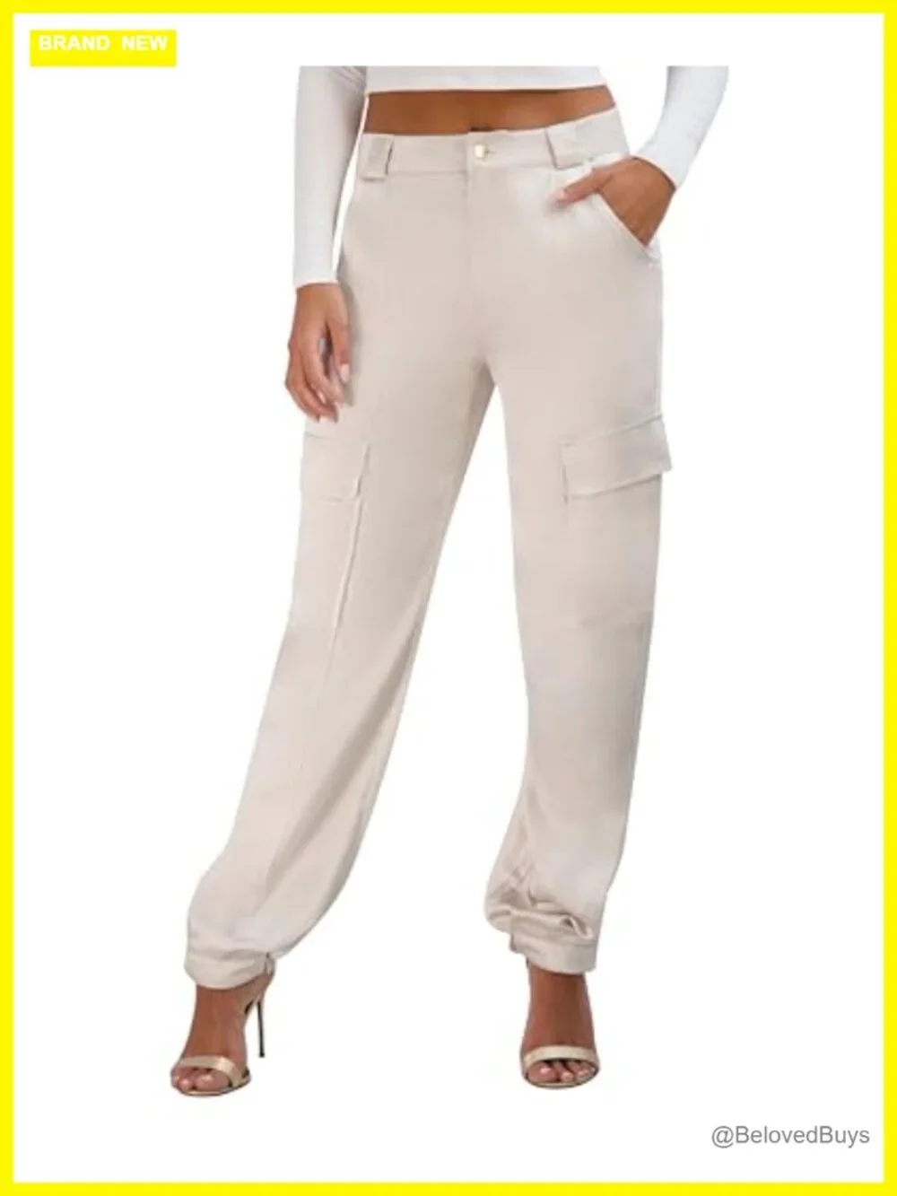 Satin Cargo Pants with Pockets, Mid Rise, Trouser Leg